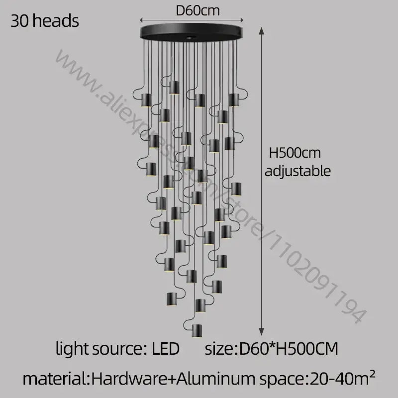 Modern black led staircase chandelier for villa living room decor