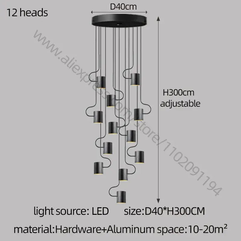 Modern black led staircase chandelier for villa living room decor