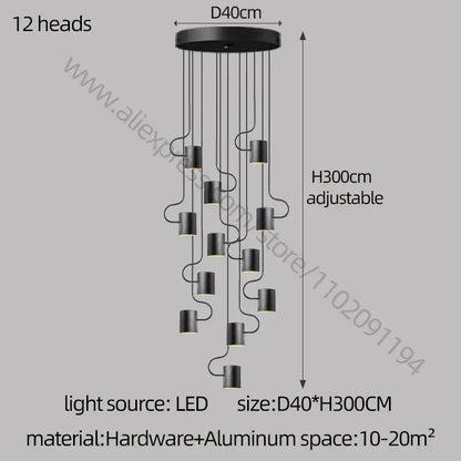 Modern black led staircase chandelier for villa living room decor