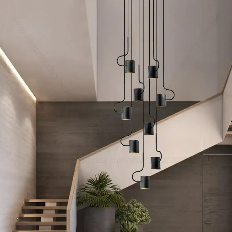 Modern black led staircase chandelier for villa living room decor