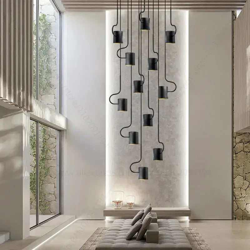 Modern black led staircase chandelier for villa living room decor