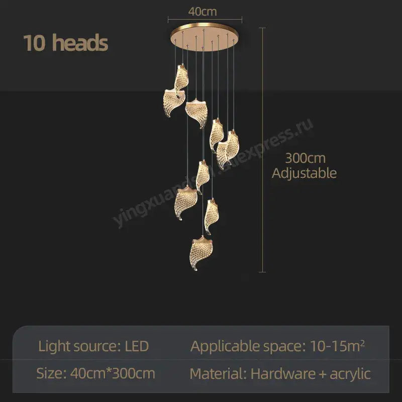 Modern golden shell led staircase chandelier dining room