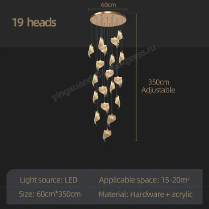 Modern golden shell led staircase chandelier dining room