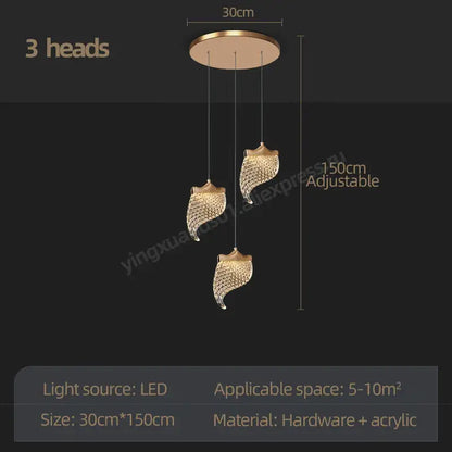 Modern golden shell led staircase chandelier dining room