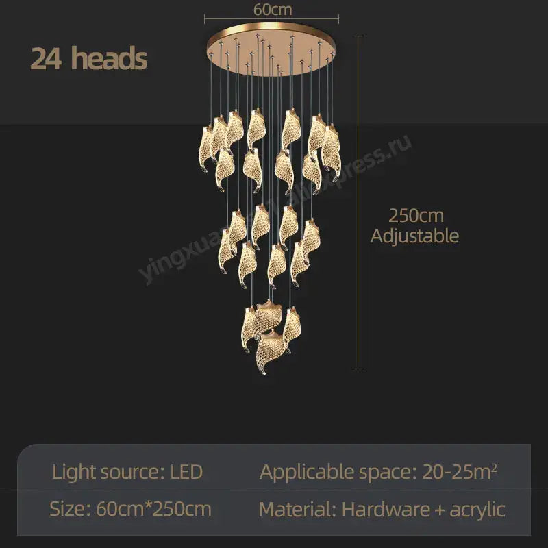 Modern golden shell led staircase chandelier dining room