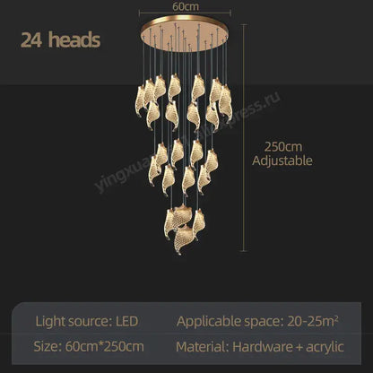 Modern golden shell led staircase chandelier dining room