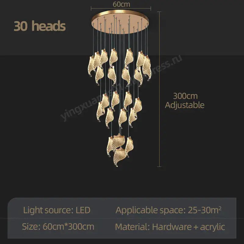 Modern golden shell led staircase chandelier dining room