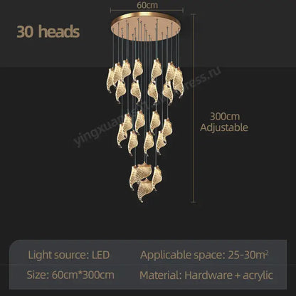 Modern golden shell led staircase chandelier dining room