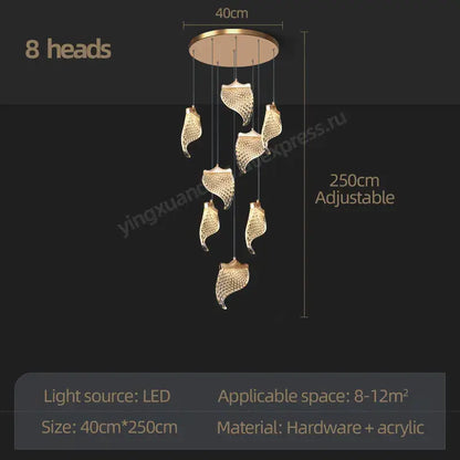 Modern golden shell led staircase chandelier dining room