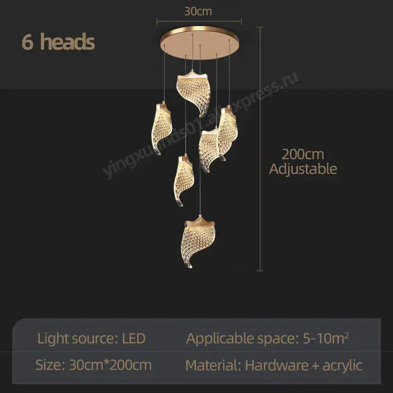 Modern golden shell led staircase chandelier dining room
