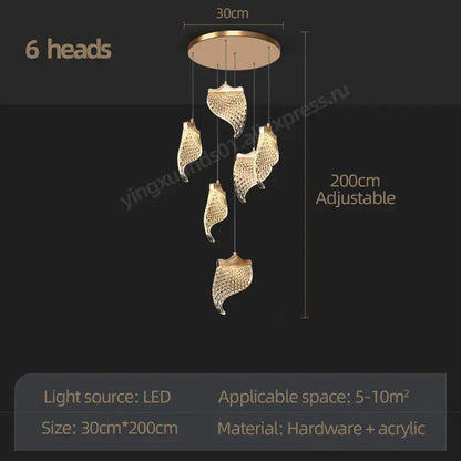 Modern golden shell led staircase chandelier dining room