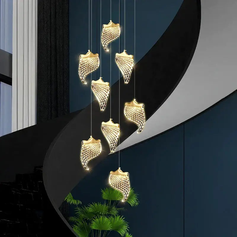 Modern golden shell led staircase chandelier dining room