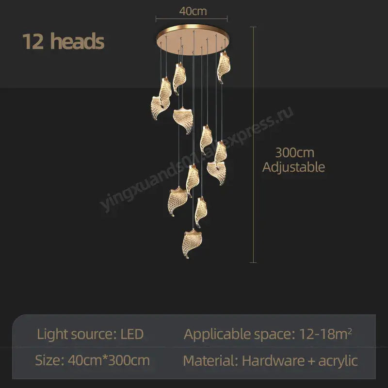Modern golden shell led staircase chandelier dining room