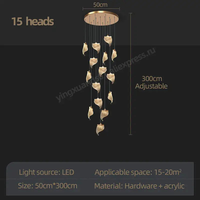 Modern golden shell led staircase chandelier dining room