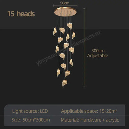 Modern golden shell led staircase chandelier dining room