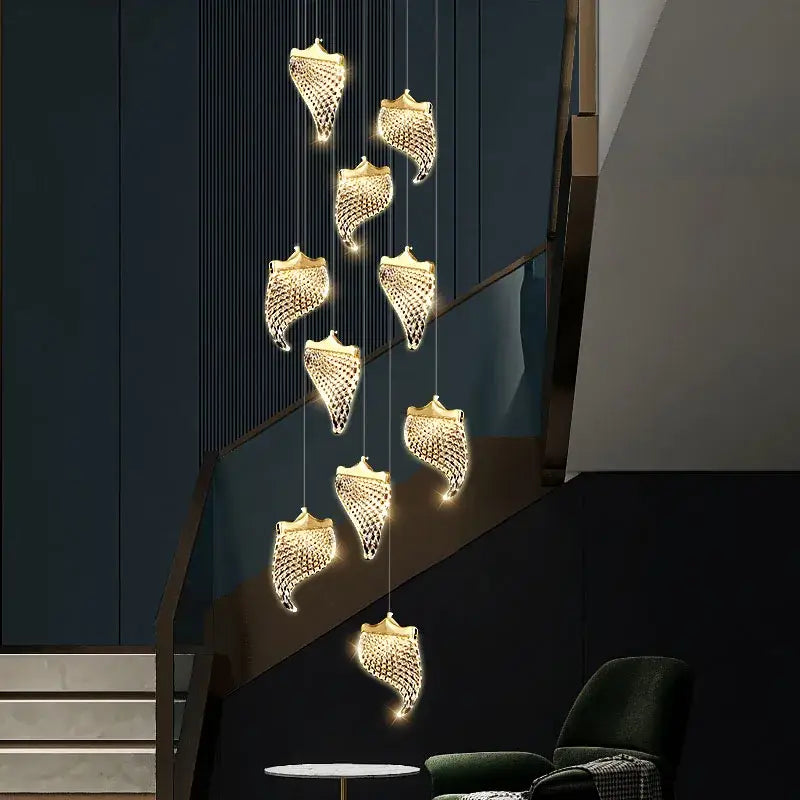 Modern golden shell led staircase chandelier dining room