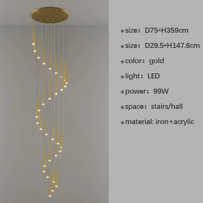 Modern black spiral led staircase chandelier for villa living room