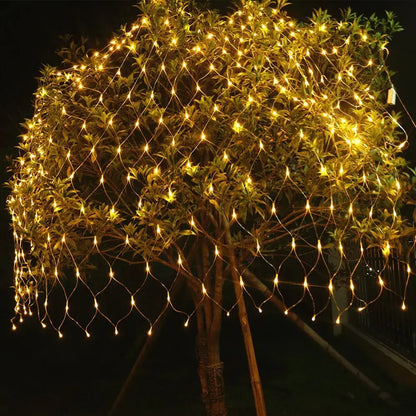 Warm golden net pattern string lights outdoor tree decor
