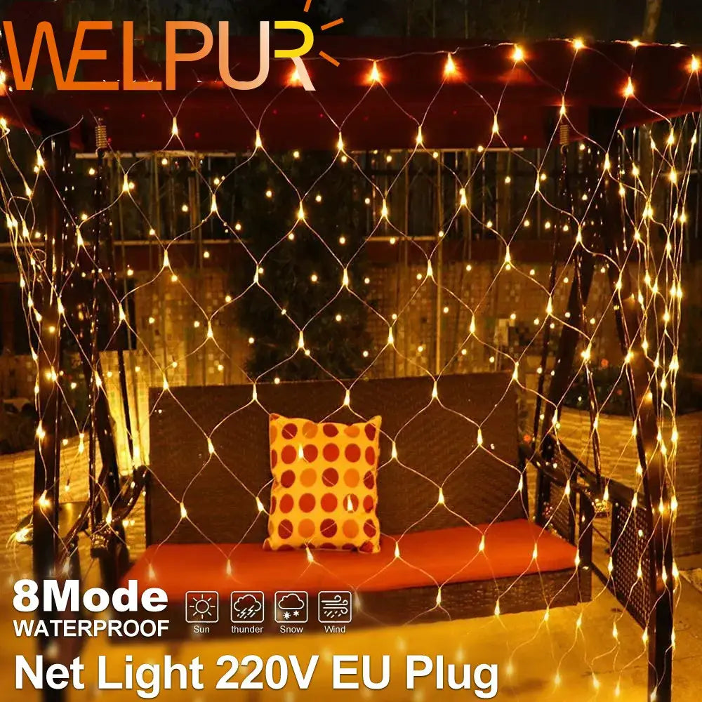 Warm golden net pattern string lights outdoor tree decor