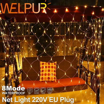 Warm golden net pattern string lights outdoor tree decor