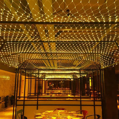 Warm golden net pattern string lights outdoor tree decor