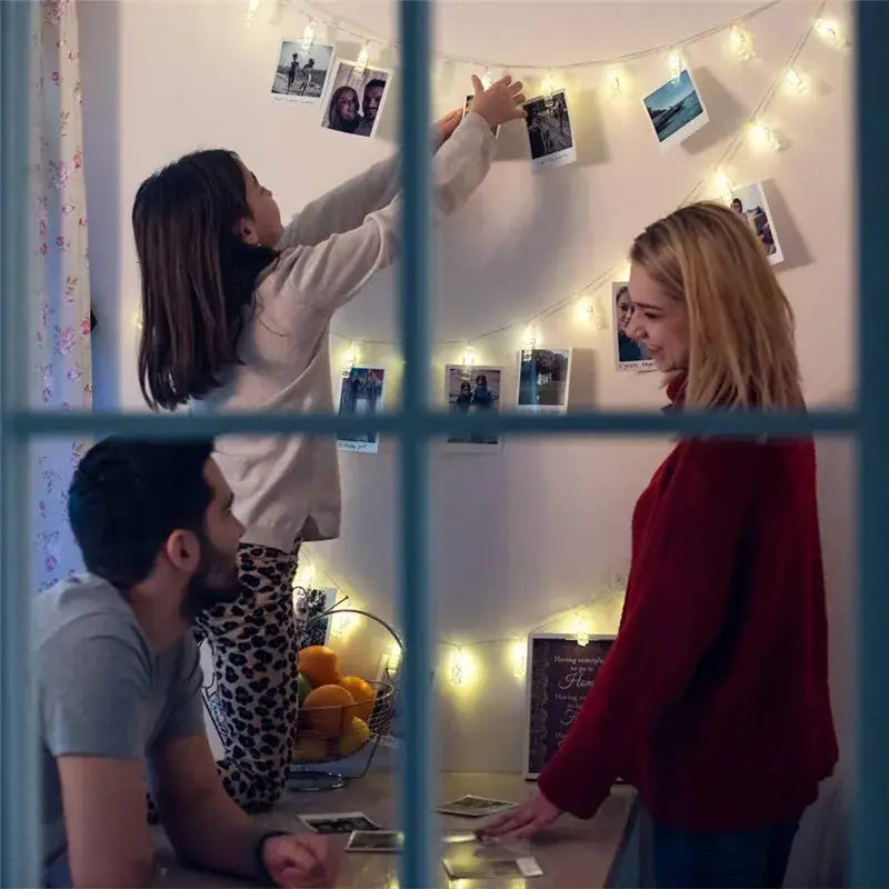 Warm white led string lights with photo clips bedroom decor