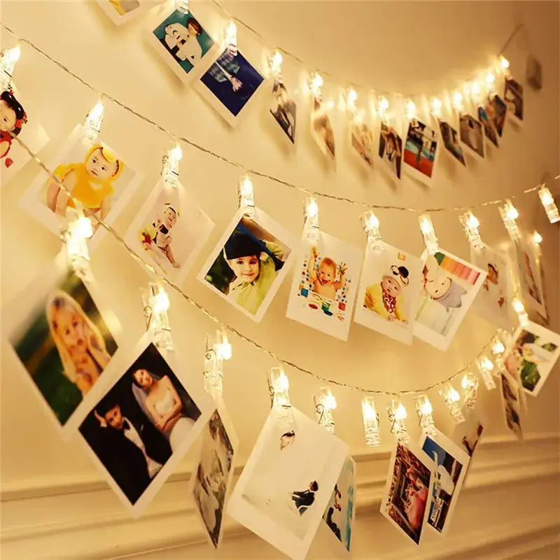 Warm white led string lights with photo clips bedroom decor