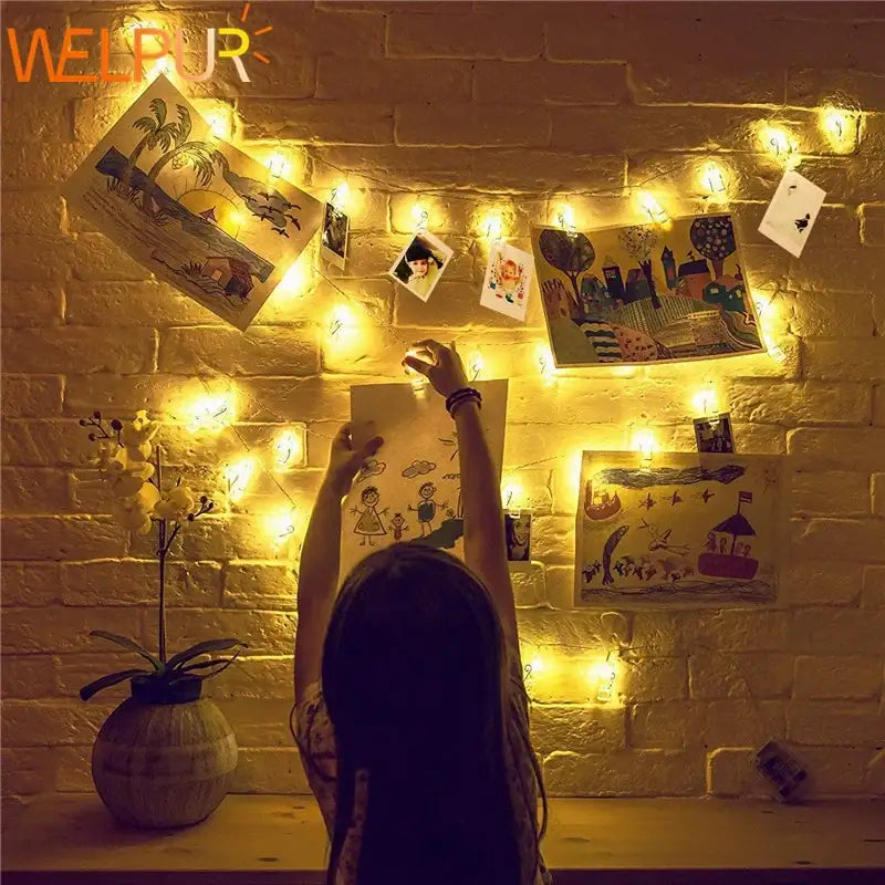 Warm white led string lights with photo clips bedroom decor
