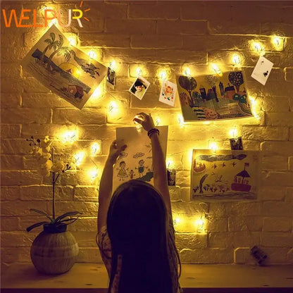 Warm white led string lights with photo clips bedroom decor