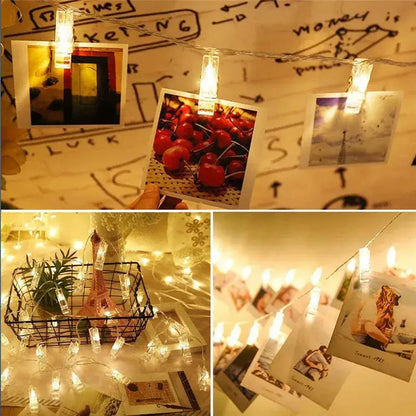Warm white led string lights with photo clips bedroom decor