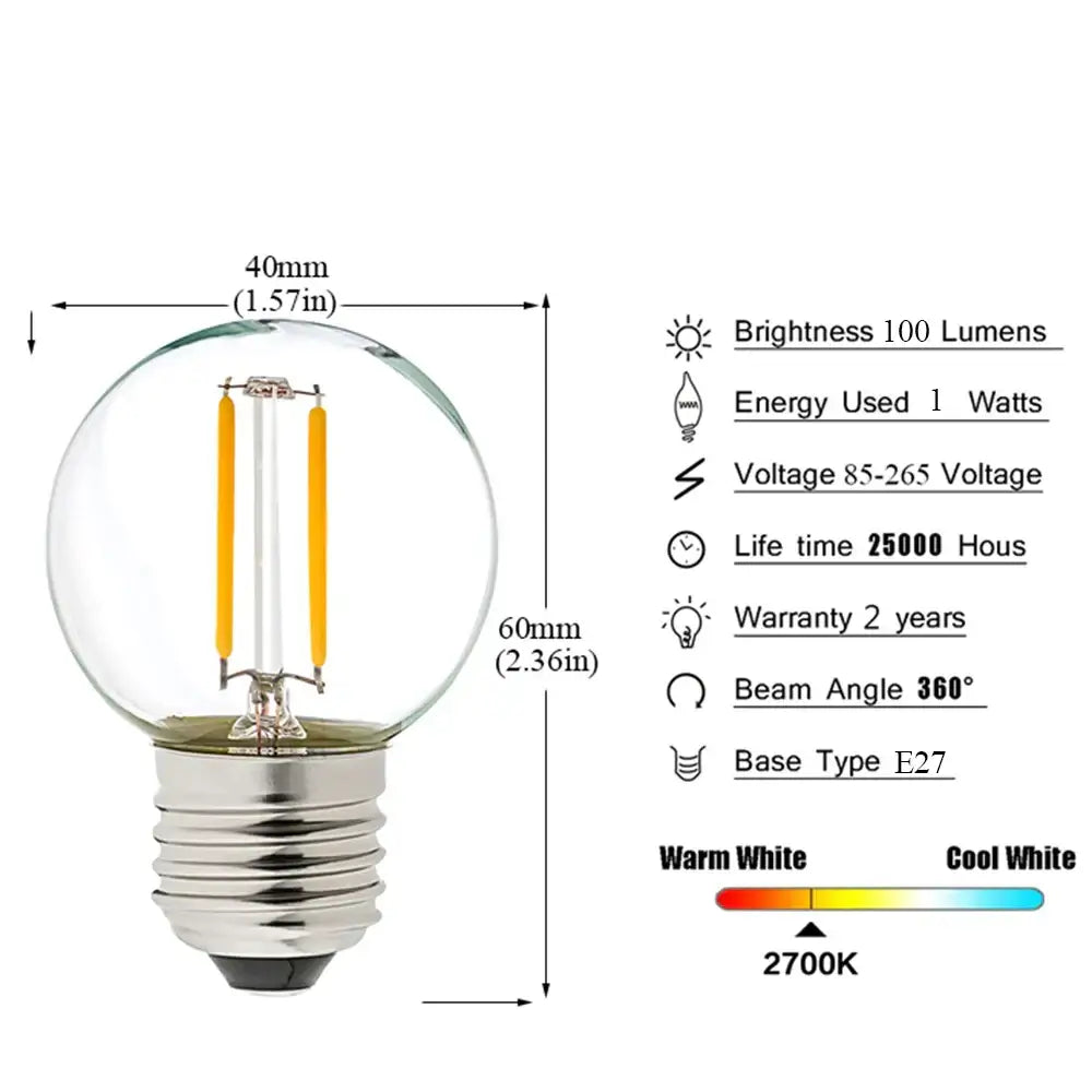 Retro edison g40 led string lights bedroom warm white glass globe