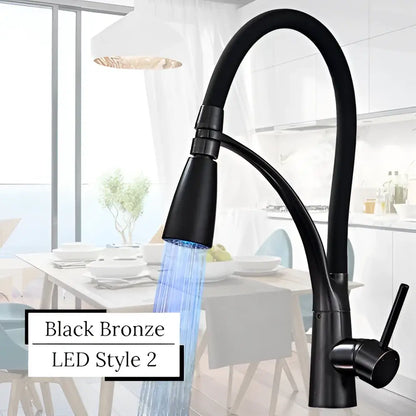Modern stainless steel led swivel kitchen faucet with pull down hose