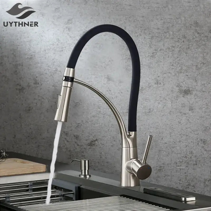 Modern stainless steel led swivel kitchen faucet with pull down hose