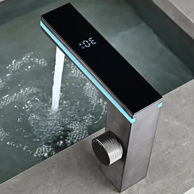 Modern matte black & brushed steel led temperature display basin faucet