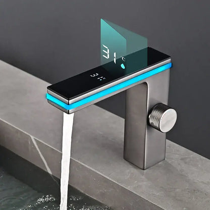Modern matte black & brushed steel led temperature display basin faucet