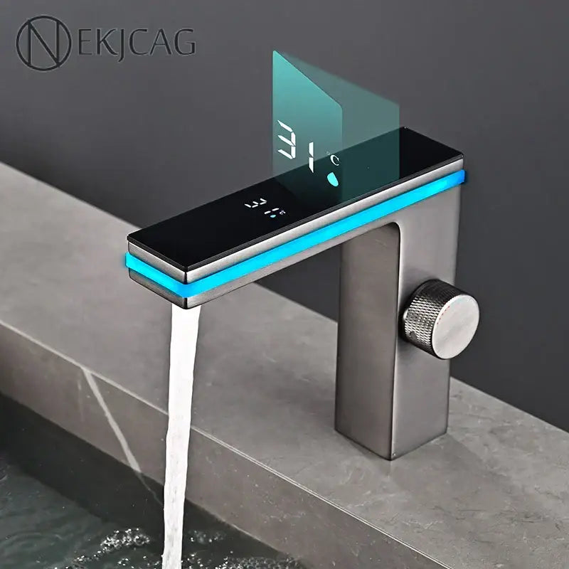 Modern matte black & brushed steel led temperature display basin faucet