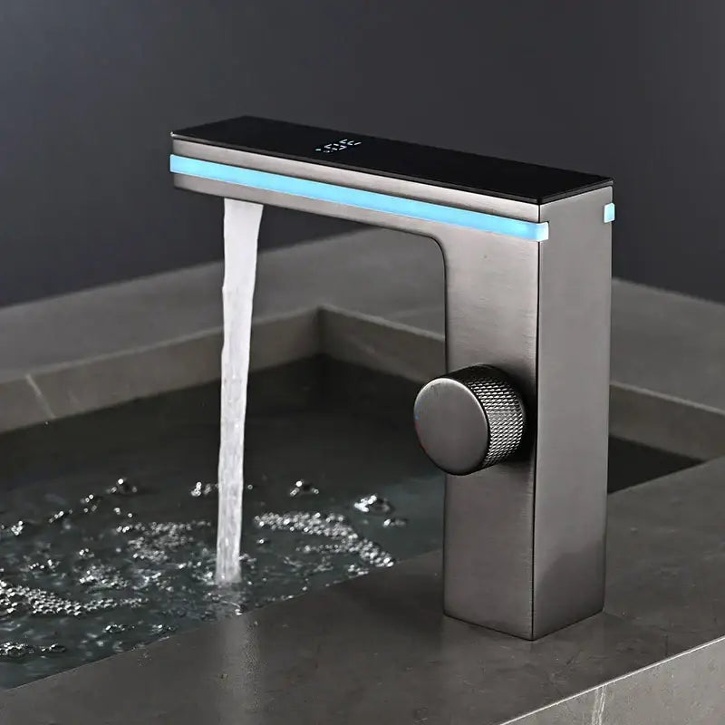 Modern matte black & brushed steel led temperature display basin faucet