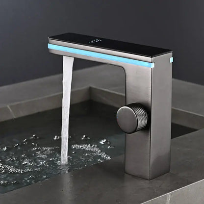 Modern matte black & brushed steel led temperature display basin faucet