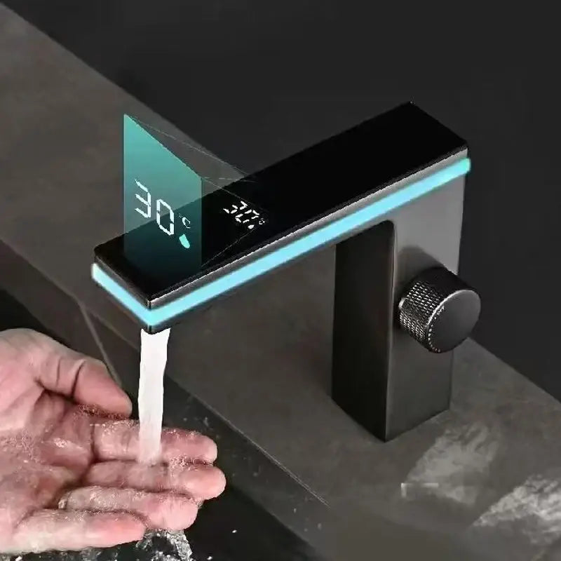 Modern matte black & brushed steel led temperature display basin faucet