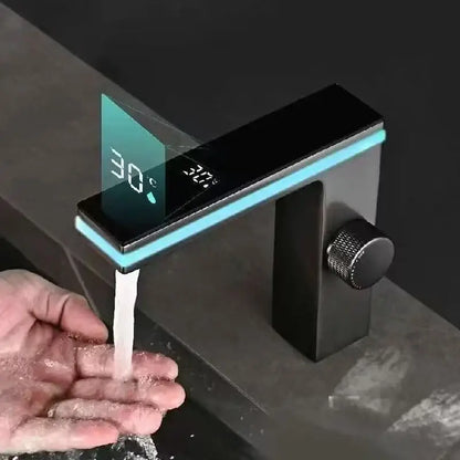 Modern matte black & brushed steel led temperature display basin faucet