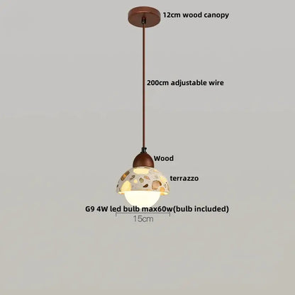 Minimalist white terrazzo and wood led pendant lamp kitchen light