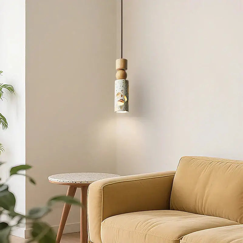 Minimalist white terrazzo and wood led pendant lamp kitchen light
