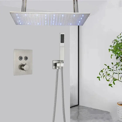 Matte black led thermostatic rainfall shower system with tub spout