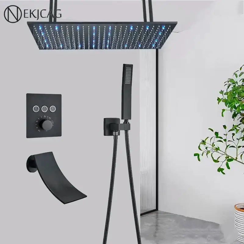 Matte black led thermostatic rainfall shower system with tub spout