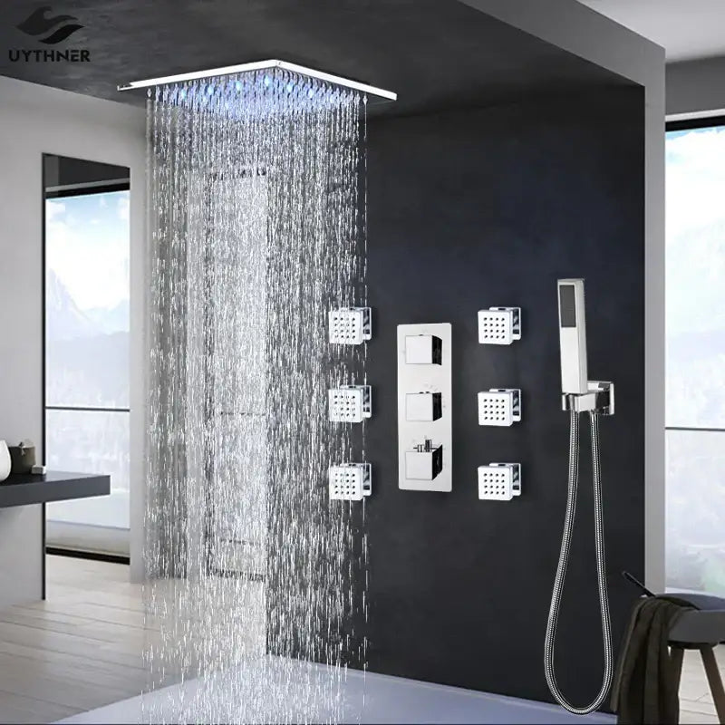 Modern chrome led thermostatic shower faucet bathroom rain mixer tap