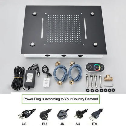 Black dual waterfall led thermostatic shower system bathroom rain head