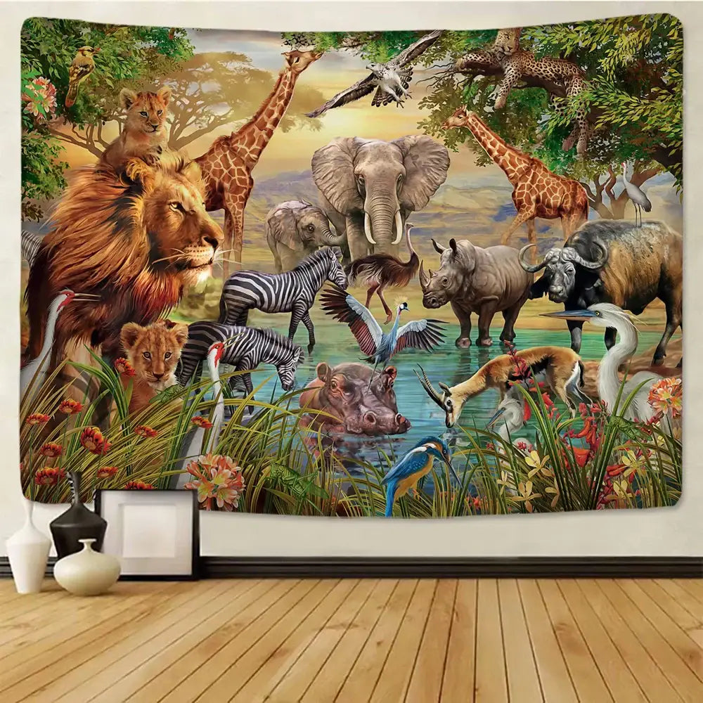 lion tapestry silver grassland animal wall hanging bedroom