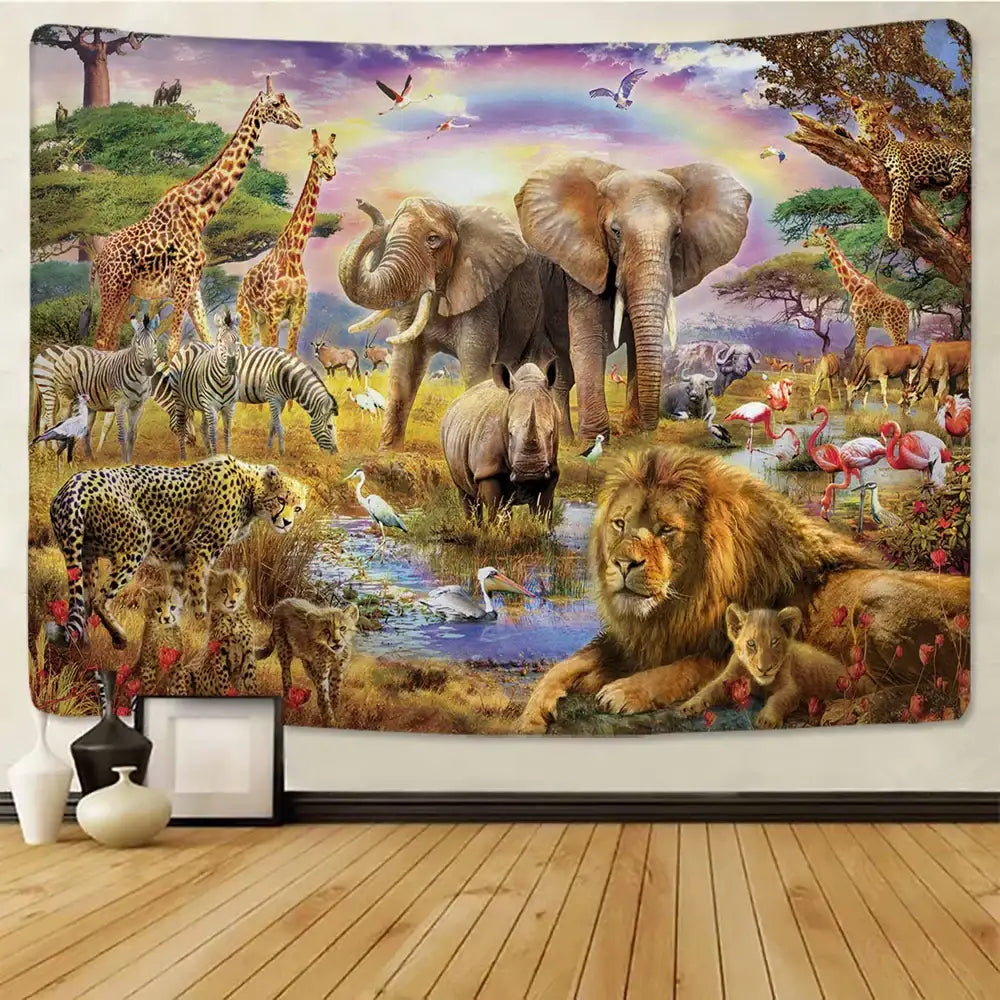lion tapestry silver grassland animal wall hanging bedroom
