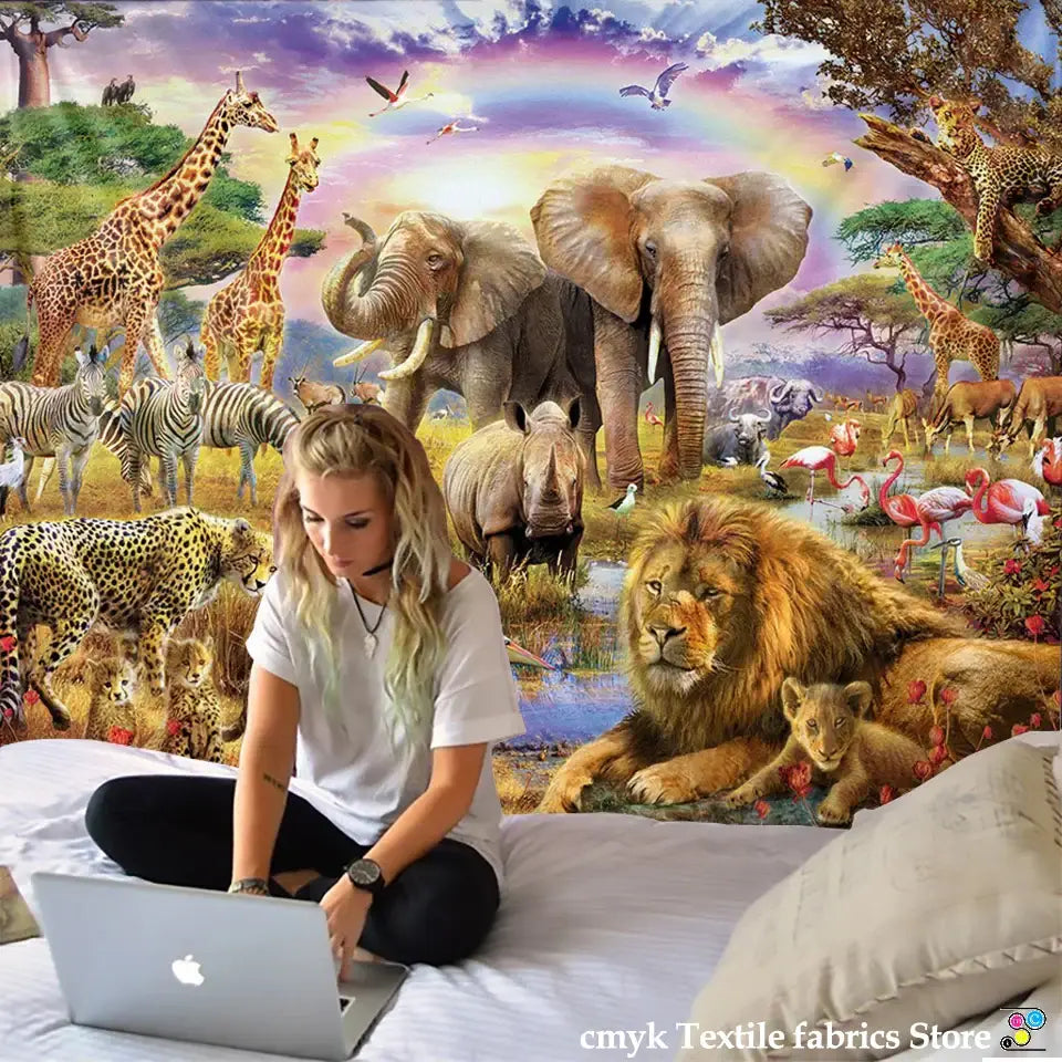 lion tapestry silver grassland animal wall hanging bedroom