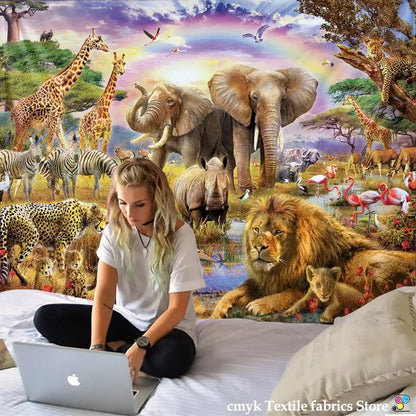 lion tapestry silver grassland animal wall hanging bedroom